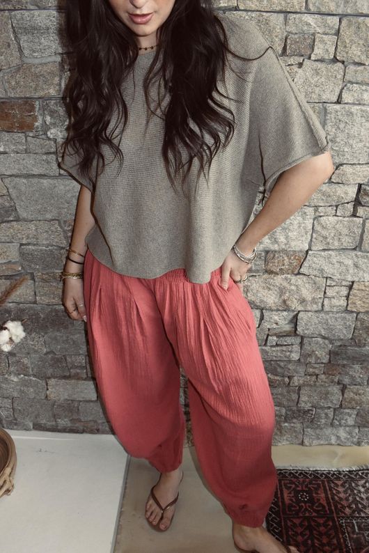 Annie Cushion Cotton Cuff Barrel Pant Rhubarb Rose